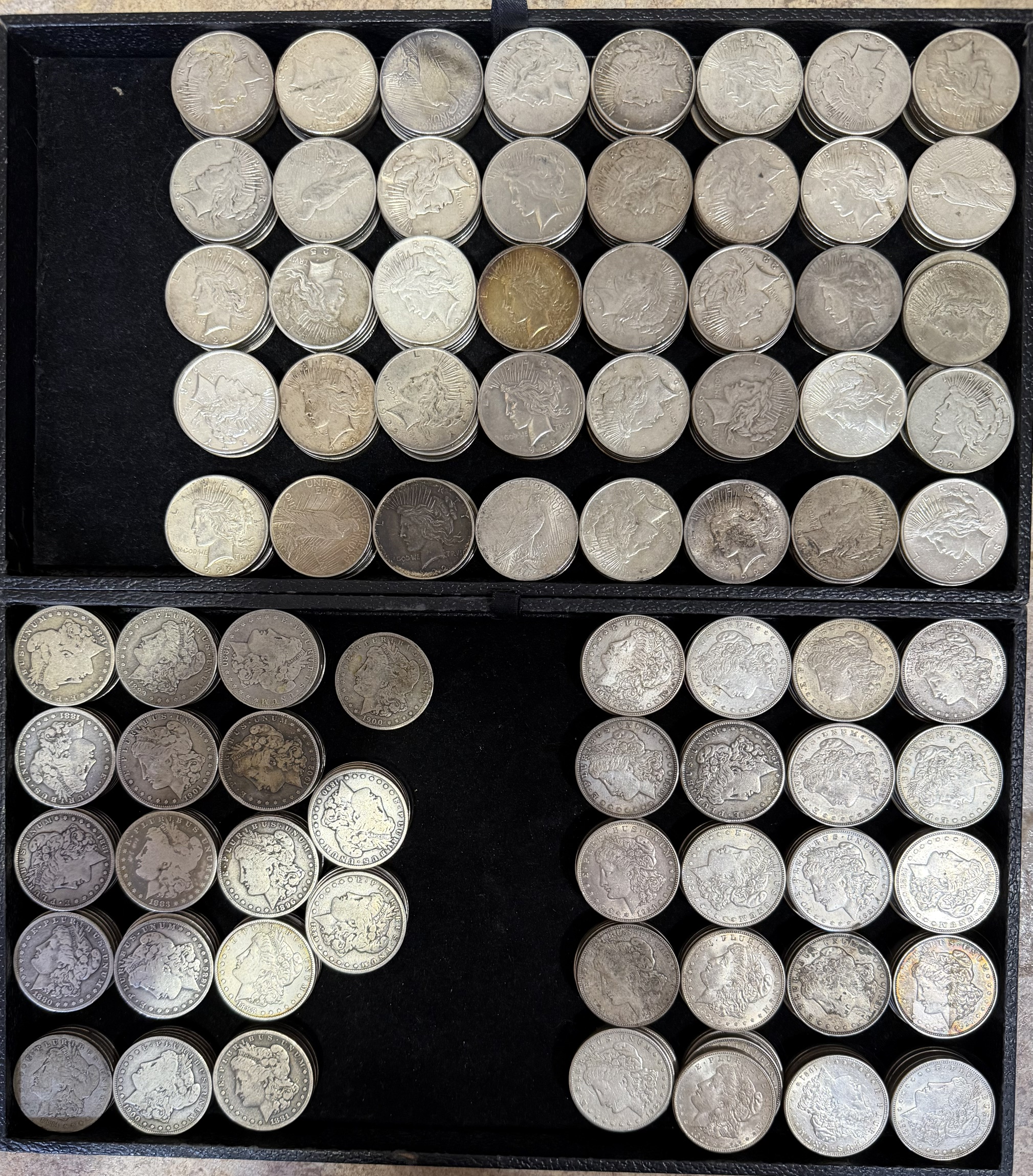 Large collection of Morgan and Peace Silver Dollars displayed in four black velvet trays purchased by Clemson Coins in June 2026